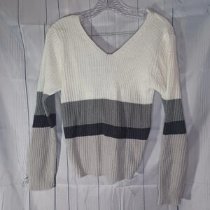 Poof Apparel waffle knit v-neck colorblock cozy preppy classic sweater